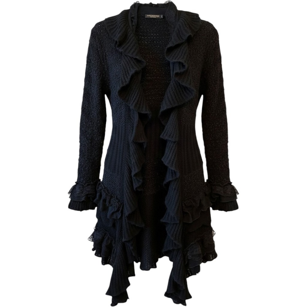 Whimsigoth Black Ruffle Lace Cardigan Cut Away Women Size L Witchy Victorian